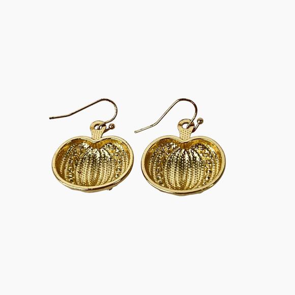 Pumpkin Earrings Orange Enamel Clear Rhinestones Gold Tone Hook Pierced Festive - Picture 2 of 7